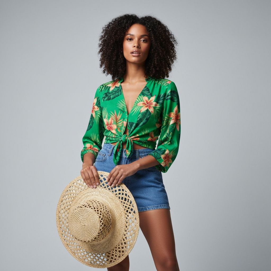 Model in tropical print blouse